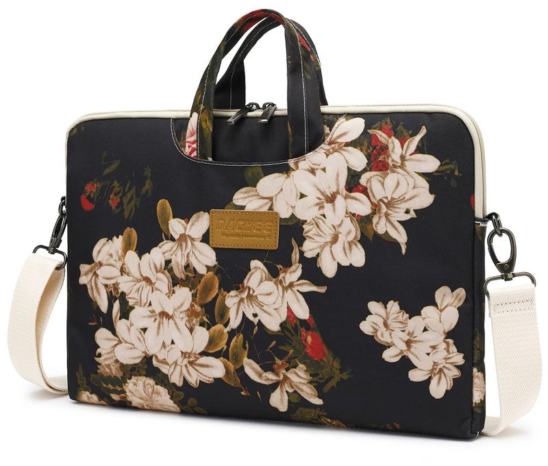 DACHEE Black Peony Patten Waterproof Shoulder Messenger Bag Case Sleeve for 14 Inch 15 Inch Laptop Briefcase 15.6 Inchâ€¦ - Image 1